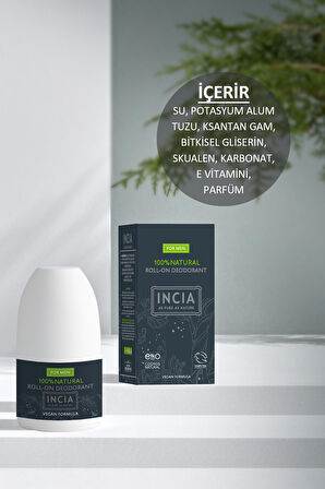 INCIA %100 Doğal Roll On Deodorant Erkeler İçin Ter Kokusu Önleyici Lekesiz 50 ml