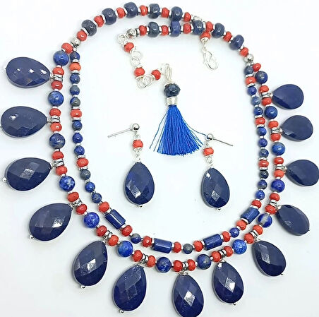 2252 Lapislazuli Mercan çift sıralı el yapımı kolye