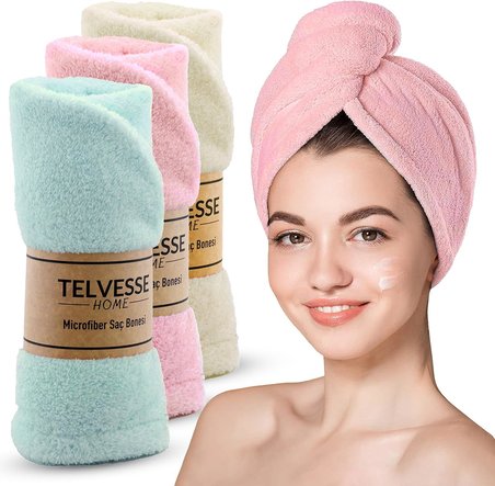 Mikrofiber Saç Havlusu Süper Emici Hızlı Kuruyan Türban Saç Havlusu Şapkası – Uzun Kıvırcık Kalın Saçlar İçin Duş Saç Kurutma Havlusu, Plaj Havuz Banyo Kullanım (3lü Pembe + Krem + Turkuaz)