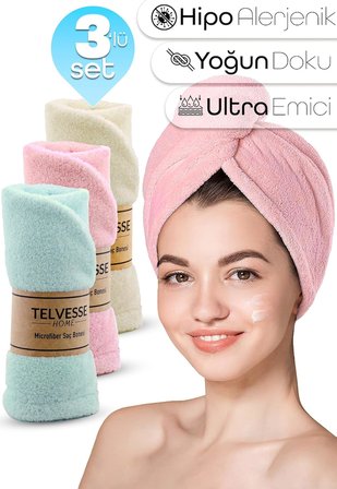 Mikrofiber Saç Havlusu Süper Emici Hızlı Kuruyan Türban Saç Havlusu Şapkası – Uzun Kıvırcık Kalın Saçlar İçin Duş Saç Kurutma Havlusu, Plaj Havuz Banyo Kullanım (3lü Pembe + Krem + Turkuaz)