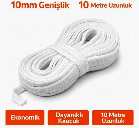 Algelsineve Beyaz 10mm Şerit Yassı Lastik ( 10 Metre ) Çarşaf, elbise lastiği
