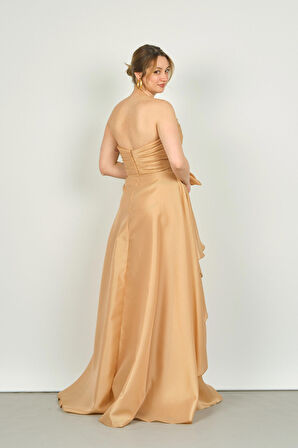 Maxra Govana Kadın Straplez Bel Kısmı İşlemeli Fırfır Detaylı Uzun Abiye Elbise 6581 Gold