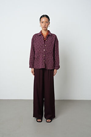 Kadın Bordo Renk Çift Cepli Puantiye Desenli Gömlek - Ceket