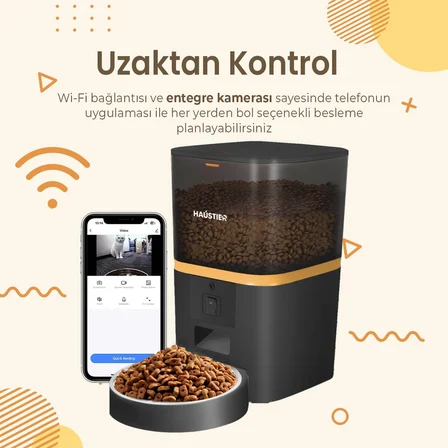 QQ005 Gece Görüşlü 480P Kameralı, Akıllı Otomatik Kedi Mama Kabı, Tuya App-Wifi Uzaktan Kontrol, Sesle Çağırma, 6lt Hazne, Metal Kase (Siyah)
