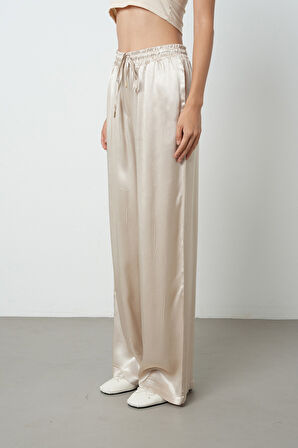 Kadın Açık Bej Düz %100 Viskoz Bol Paça Beli Lastikli Pantolon