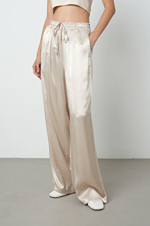 Kadın Açık Bej Düz %100 Viskoz Bol Paça Beli Lastikli Pantolon