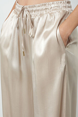 Kadın Açık Bej Düz %100 Viskoz Bol Paça Beli Lastikli Pantolon