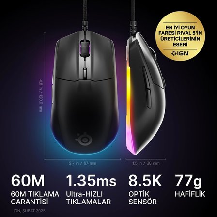 Rival 3 Gen 2 RGB Gaming Mouse - Siyah