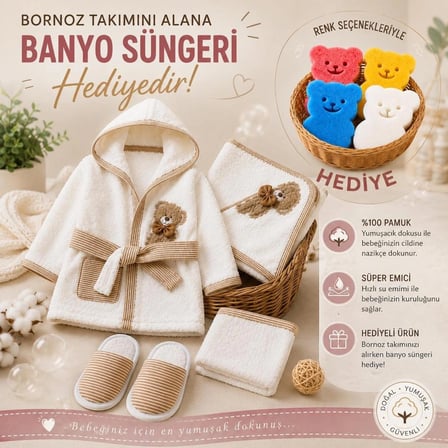 Bebek Bornoz Seti %100 Pamuk 0-1 Yaş Kapüşonlu yenidogan ayıcık nakişli Bornoz Havlu Terlik Kese + 4 Renkli Banyo Süngeri Hediyeli
