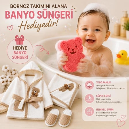 Bebek Bornoz Seti %100 Pamuk 0-1 Yaş Kapüşonlu yenidogan ayıcık nakişli Bornoz Havlu Terlik Kese + 4 Renkli Banyo Süngeri Hediyeli