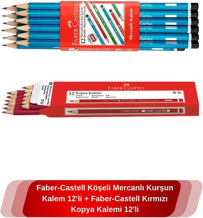 Faber Castell Köşeli Mercanlı Kurşun Kalem 12'Li + Kırmızı Kopya Kalemi 12'Li