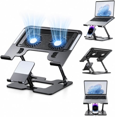 Coverzone Karbon Çelik 3 in 1 Notebook, Tablet ve Telefon Standı, 12.9-17 inç Laptop ve Tablet İçin 2 Fanlı Soğutuculu Ergonomik Yükseltici, 4.7-12.9 inç Telefon Tutucu, L07