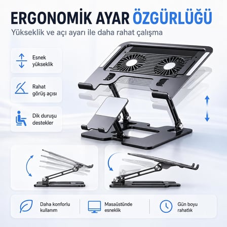 Coverzone Karbon Çelik 3 in 1 Notebook, Tablet ve Telefon Standı, 12.9-17 inç Laptop ve Tablet İçin 2 Fanlı Soğutuculu Ergonomik Yükseltici, 4.7-12.9 inç Telefon Tutucu, L07