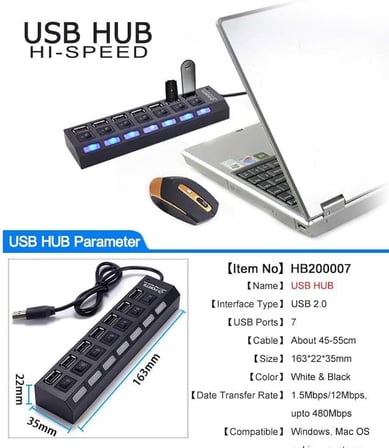 7448 7 Port Usb Hub Switch 40 Cm Çoklayıcı Çoğaltıcı USB 2.0-480 Mbit/sn veri aktarım hızı