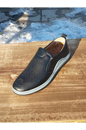 Yazlık Erkek Sportif Kundura Hakiki İç Dış Deri  Faylon Taban Bağcıksız Ortopedik Hava  Alabilen