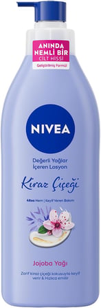 NIVEA Değerli Yağlar İçeren Vücut Losyonu Kiraz Çiçeği ve Jojoba Yağı, 400 ml,Tüm Ciltler,48 Saat Nemlendirici, Hızlı Emilir