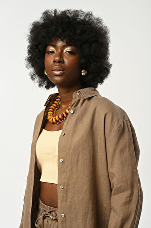 KADIN VİZON RENGİ KOLLARI VE YANLARI DÜĞME DETAYLI KETEN GÖMLEK