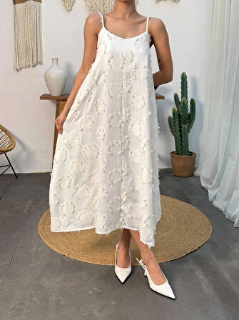 YAZLIK İNCE ASKILI DOKUMA KREM UÇUŞ UÇUŞ ELBİSE 