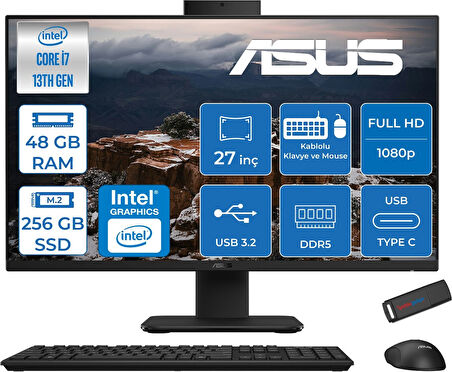 Asus V470VAK Intel Core I7-13620H 48GB Ddr5 256GB SSD 27'' Fhd 100Hz 300NITS Freedos  Siyah Allınone Bilgisayar ASI716512B0DFF21+ZETTAUSBBELLEK