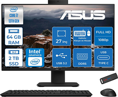 Asus V470VAK Intel Core I7-13620H 64GB Ddr5 2tb SSD 27'' Fhd 100Hz 300NITS Freedos  Siyah Allınone Bilgisayar ASI716512B0DFF29+ZETTAUSBBELLEK