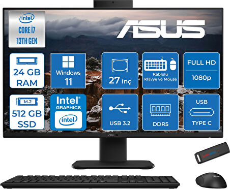 Asus V470VAK Intel Core I7-13620H 24GB Ddr5 512GB SSD 27'' Fhd 100Hz 300NITS Windows 11 Home Siyah Allınone Bilgisayar ASI716512B0DH07+ZETTAUSBBELLEK