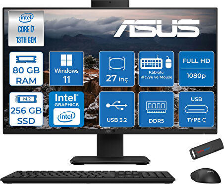 Asus V470VAK Intel Core I7-13620H 80GB Ddr5 256GB SSD 27'' Fhd 100Hz 300NITS WIN11HOME Siyah Allınone Bilgisayar ASI716512B0DH31+ZETTAUSBBELLEK