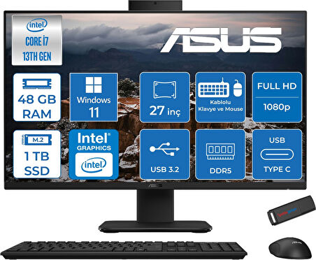 Asus V470VAK Intel Core I7-13620H 48GB Ddr5 1tb SSD 27'' Fhd 100Hz 300NITS Windows 11 Pro Siyah Allınone Bilgisayar ASI716512B0DP23+ZETTAUSBBELLEK