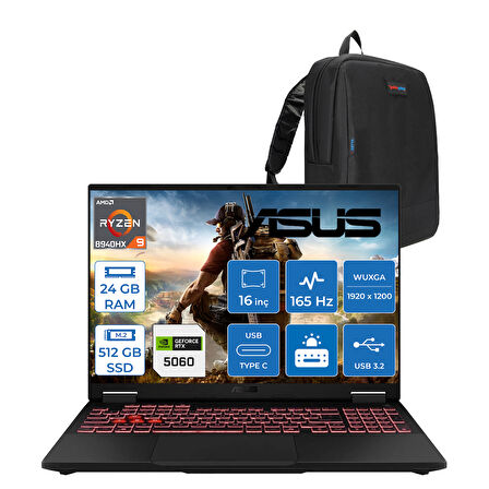 Asus Tuf Gaming A16 FA608PM-RV026 Amd Ryzen 9 8940HX Aı 24GB Ddr5 512GB SSD RTX5060-8GB 115W 165Hz 16"wuxga IPS Freedos Taşınabilir Bilgisayar WRV026F02+ZETTAÇANTA