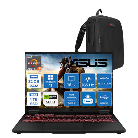 Asus Tuf Gaming A16 FA608PM-RV026 Amd Ryzen 9 8940HX Aı 32GB Ddr5 1tb SSD RTX5060-8GB 115W 165Hz 16"wuxga IPS Windows 11 Hom Taşınabilir Bilgisayar WRV026H08+ZETTAÇANTA