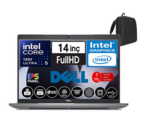 Dell Latitude 5450 Intel Ultra 5 135U 32GB Ddr5 512GB SSD  14" Fhd IPS Freedos Taşınabilir Bilgisayar N009L545014W07+ZETTAÇANTA