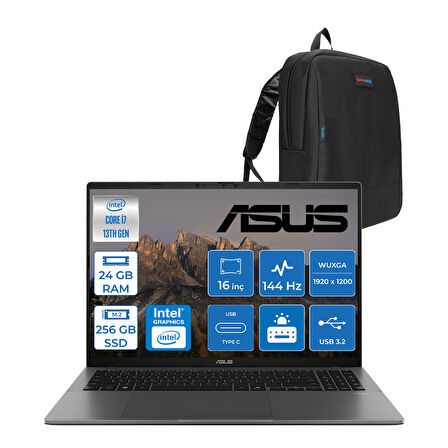 Asus Vivobook WS3607VA S16 Intel Core I7 13620H-24GB DDR5-256GB Ssd-16" Wuxga IPS 300NITS 144Hz Freedos Taşınabilir Bilgisayar ZRP077F11+ZETTAÇANTA