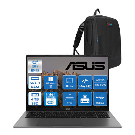 Asus Vivobook WS3607VA S16 Intel Core I7 13620H-56 GB Ddr5-4tb Ssd-16" Wuxga IPS 300NITS 144Hz Windows 11 Home Taşınabilir Bilgisayar ZRP077H30+ZETTAÇANTA
