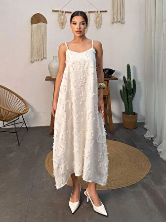 YAZLIK İNCE ASKILI DOKUMA KREM UÇUŞ UÇUŞ ELBİSE 