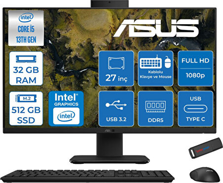 Asus V470VAK Intel Core İ5-13420H 32GB Ddr5 512GB SSD 27'' Fhd 100Hz 300NITS Freedos  Siyah Allınone Bilgisayar ASI58512B0DF12+ZETTAUSBBELLEK