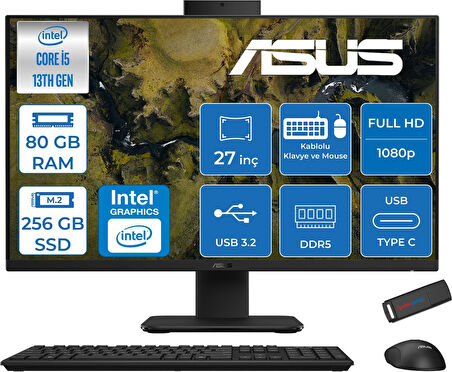 Asus V470VAK Intel Core İ5-13420H 80GB Ddr5 256GB SSD 27'' Fhd 100Hz 300NITS Freedos  Siyah Allınone Bilgisayar ASI58512B0DF31+ZETTAUSBBELLEK