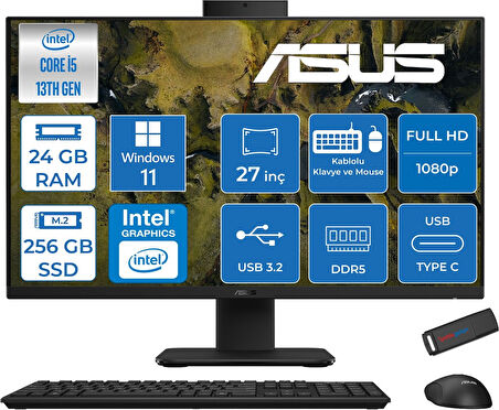 Asus V470VAK Intel Core İ5-13420H 24GB Ddr5 256GB SSD 27'' Fhd 100Hz 300NITS Windows 11 Home Siyah Allınone Bilgisayar ASI58512B0DH06+ZETTAUSBBELLEK