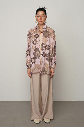 KADIN PUDRA RENK ÇİÇEK DESENLİ OVERSİZE KESİM GÖMLEK