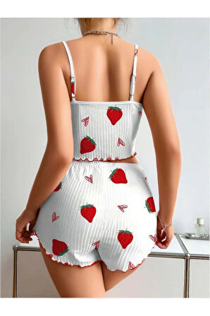 Penye Kumaş Çilek Desen Beyaz Şortlu Takım