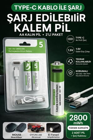 Aa Kalem Pil Type-C Şarjlı 1.5V 2800Mwh Lityum Şarj Edilebilir 2’Li Pil Seti