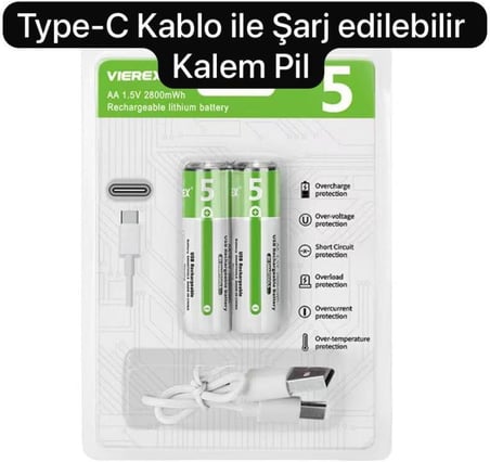 Aa Kalem Pil Type-C Şarjlı 1.5V 2800Mwh Lityum Şarj Edilebilir 2’Li Pil Seti