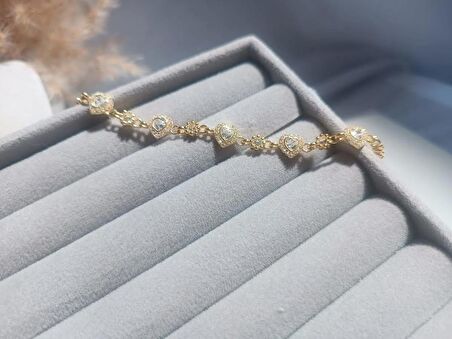 925 ayar gümüş Altın kaplama Beyaz Zirkon Taşlı Kalpli Bileklik