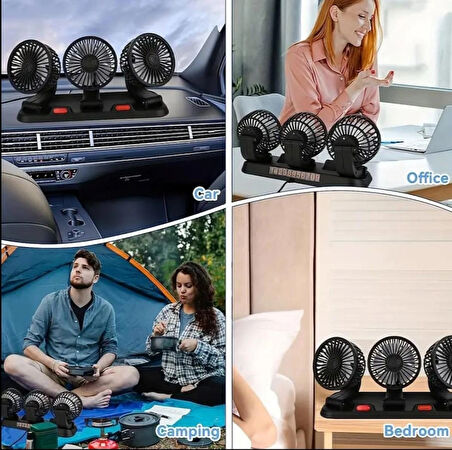 Atay Garage 3 Kafalı Vantilatör 12 Wolt Çıkışlı Arabada Karavanda Evde Kullanıma Musait