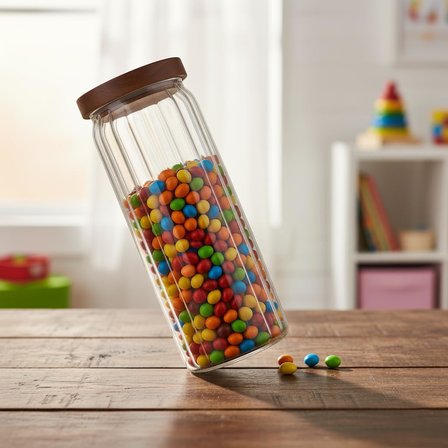 Akasya Kapaklı Uzun Çizgili Cam Kavanoz (1250 ml) | Hava Geçirmez, Modern Fitilli Tasarım Gıda Saklama Kabı | Makarna, Bakliyat, Kahve ve Çay Kavanozu (9x25 cm)