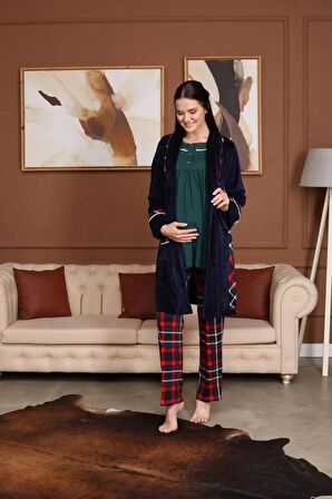 BirolGaye Bone Club 5710 Kadife Hamile Lohusa 3 Lü Pijama Sabahlık Tk