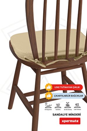 XPERMATE 4'lü StandartFit Oval Sandalye Minderi Fermuarlı Yıkanabilir Kılıf Bağcıklı Su ve Yağ İtici 42x42x5 Bej