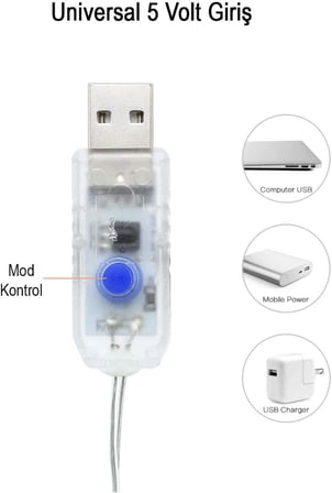 Perde Led 3MX3M Günışığı 300 Adet led 8 Fonksiyonlu Usb 10 Sarkıt