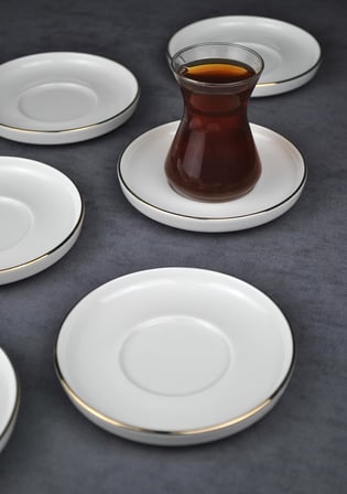 6 Kişilik Porselen Çay Tabağı Gold Yaldızlı 6 Adet Sade Modern Çay Tabak -Çizgili