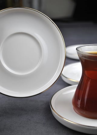 6 Kişilik Porselen Çay Tabağı Gold Yaldızlı 6 Adet Sade Modern Çay Tabak -Çizgili