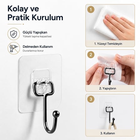 Alper Banyo Yapışkanlı Siyah Askılık, Şeffaf Tabanlı Kancalı Banyo ve Mutfak Askısı, Delmeden Montajlı Metal Havlu ve Bez Askılığı (2 Adet Gönderilmektedir)