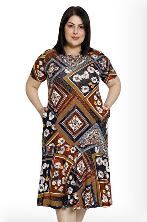 Kadın Desenli Cepli Kısa Kollu %100 Viskon Büyük Beden Elbise